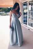 Elegant A-line Straps Backless Sleeveless Satin V-Neck Blue Long Prom Dresses JS283