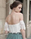 White Lace Tulle Two Pieces Off Shoulder Short Sleeve Short Prom Dress Homecoming Dress JS454