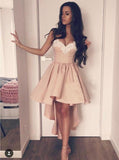 A-Line Sweetheart High Low Pink Stretch Satin Homecoming Dress with Appliques JS121