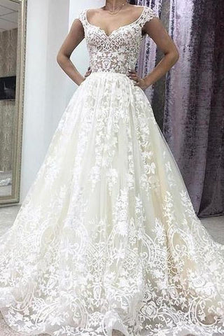 A-Line Deep V-neck Court Train Sleeveless Ivory Lace Wedding Dress with Appliques JS282