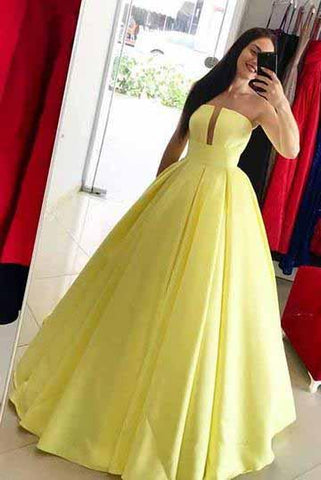 Princess Yellow Prom Dresses Ball Gown Simple Strapless Long Party Dresses P1049