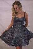 Shiny Spaghetti Straps Dark Grey Sparkly Homecoming Dresses with Pocket Short Dress H1006