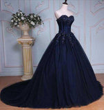 Princess Ball Gown Sweetheart Navy Blue Beads Ruffles Long Tulle Prom Dresses with Lace up JS236