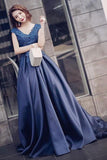 Charming A-Line V-Neck Navy Blue Satin Cap Sleeve Prom Dresses with Lace Appliques JS459