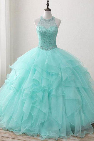 Ball Gown Long Green Sleeveless Open Back Lace up Beads High Neck Prom Dresses JS422