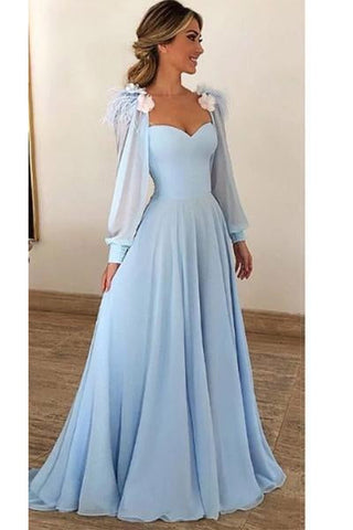 Blue Long Sleeves Sweetheart Prom Dresses, A Line Long Evening Dresses uk PW307