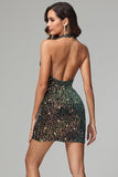 Halter V-neck Sheath Dark Green Sequins Homecoming Dress