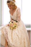 Vantage A Line V-Neck Long Sleeve Tea Length White Lace Princess Wedding Dresses JS668