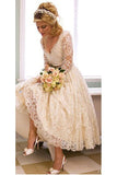 Vantage A Line V-Neck Long Sleeve Tea Length White Lace Princess Wedding Dresses JS668