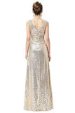 A Line Sequin V Neck V Back Sleeveless Gold Ruffles Maxi Evening Prom Dresses JS336