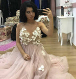 Elegant A-Line Spaghetti Straps Long Pearl Pink Appliques V Neck Backless Prom Dresses JS687