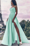 A Line Spaghetti Straps High Slit Sweetheart Chiffon Lace Appliques Prom Dresses JS310