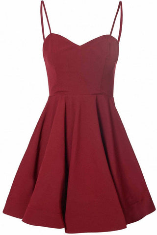 Simple A-Line Spaghetti Straps Satin Burgundy Short Homecoming Dress With Pleats JS13