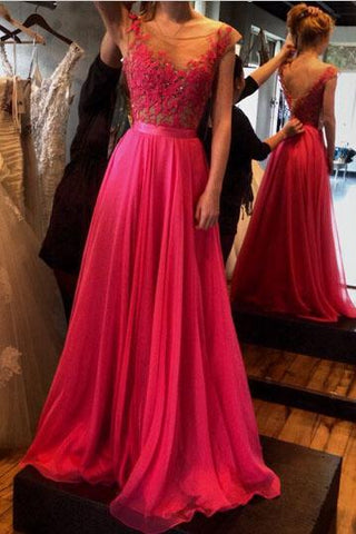 A-Line See-Through Neckline Appliques Chiffon Red Lace Backless Beads Prom Dresses UK JS316