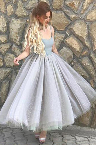 Elegant A Line Spaghetti Straps Sweetheart Tulle Grey Tea Length Homecoming Dresses JS944