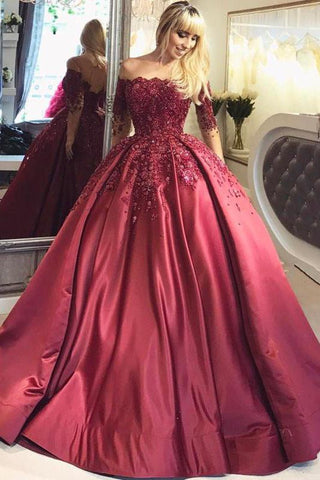 2024 Dark Red Lace Long Sleeve Prom Dress Off-the-Shoulder Ball Gown Quinceanera Dress JS392