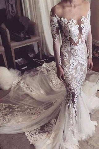 Lace Appliques Mermaid Long Sleeves Chapel Train Wedding Dress JS295