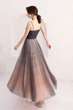 A Line Scoop Spaghetti Straps Black Tulle Prom Dresses Long Evening Dresses JS824