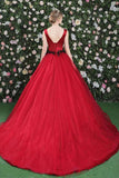 Gorgeous Ball Gowns Red Flowers Scoop Sleeveless Tulle Lace up Beads Prom Dresses JS299