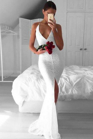 Mermaid Deep V-Neck Criss-Cross Straps Split Sweep Train White Lace Prom Dresses JS283