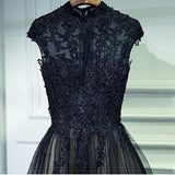 Vintage A Line Chic Long Black Lace Cap Sleeves High Neck Beads Appliques Prom Dresses JS76