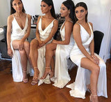 Sexy Mermaid Ivory V Neck Split Long Bridesmaid Dresses Sleeveless Prom Dresses JS918