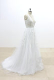 V-Cut shape Back Tulle Lace Appliques A Line Open Back Beach Wedding Dresses JS648