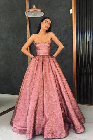 Unique Strapless A Line Long Pink Satin Floor Length With Pockets Prom Dresses JS123