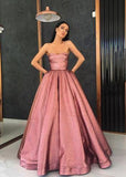 Unique Strapless A Line Long Pink Satin Floor Length With Pockets Prom Dresses JS123