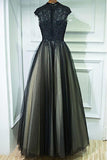 Vintage A Line Chic Long Black Lace Cap Sleeves High Neck Beads Appliques Prom Dresses JS76