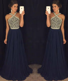 Elegant A Line Halter Dark Blue Beaded Long Chiffon Backless Long Prom Dresses JS810