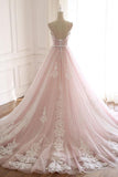 Unique A Line Pink Sweetheart Tulle Spaghetti Straps Long Lace Prom Dress