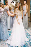 A Line Long Sleeve Deep V Neck Tulle Open Back Lace Appliques Wedding Dresses JS144