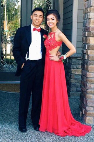 Elegant A Line Chiffon Open Back Halter Slit Red Long Cheap Prom Dresses JS58