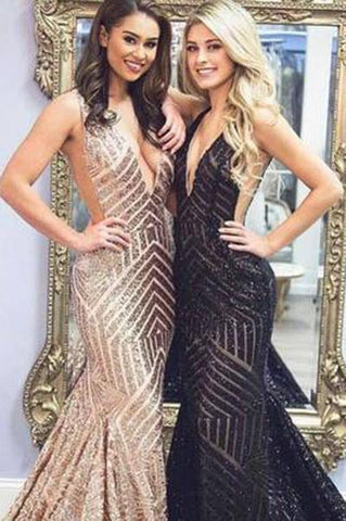 Sexy Deep V-Neck Rose Gold Sequins Mermaid Black Long Backless Prom Dresses UK JS425