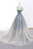 Elegant A Line Blue Tulle Long Strapless Lace up Gold Evening Dress Prom Dresses JS223