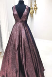 Elegant Deep V Neck Chocolate Brown Long Ball Gown Prom Dresses with Pockets JS842