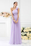 A-Line One-Shoulder Pleats Hand-Made Flower Long Chiffon Bridesmaid Dresses