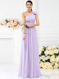 A-Line One-Shoulder Pleats Hand-Made Flower Long Chiffon Bridesmaid Dresses