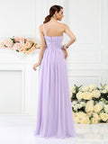 A-Line One-Shoulder Pleats Hand-Made Flower Long Chiffon Bridesmaid Dresses