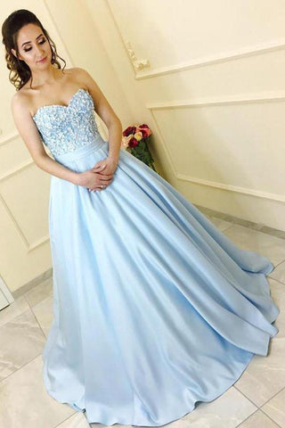 Modest A-Line Sweetheart Strapless Light Blue Sleeveless Long Prom Dresses With Lace JS230