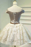 A Line Off the Shoulder Lace up Bowknot Cute Ivory Lace Homecoming Dresses JS830