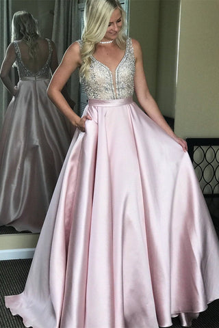 Beaded Satin Ball Gown Backless V Neck Sparkly Long Prom Dresses with Pockets JS94