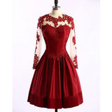 Short Ball Gown High Neckline with Long Sleeves Lace Dark Wine Red Backless Lace Prom Dress JS24