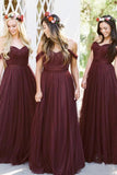 A Line Tulle Sweetheart Off the Shoulder Long Ruffles Bridesmaid Dresses