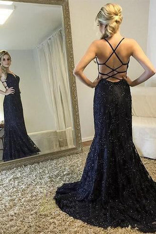 Spaghetti Straps V-Neck Black Mermaid Sparkly Sexy Beads Tulle Unique Prom Dresses UK JS400