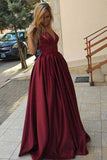 Burgundy Simple A-Line Satin V-Neck Spaghetti Straps Long Floor Length Evening Dresses UK JS285