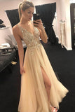 Elegant A Line V Neck Open Back Split Yellow Beaded Long Tulle Prom Dress Evening Dresses JS214