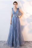 Elegant A-Line Blue Tulle V-Neck Backless Sleeveless Sweep Train Prom Dresses UK JS175