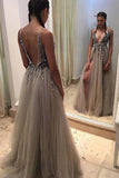 Grey Backless A-Line Deep V-neck Split-Front Sleeveless Sweep Train Prom Dresses with Beads JS254